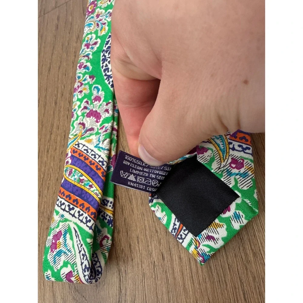 Ralph Lauren Purple Label Green Paisley Silk Tie Multi Color Handmade Classic